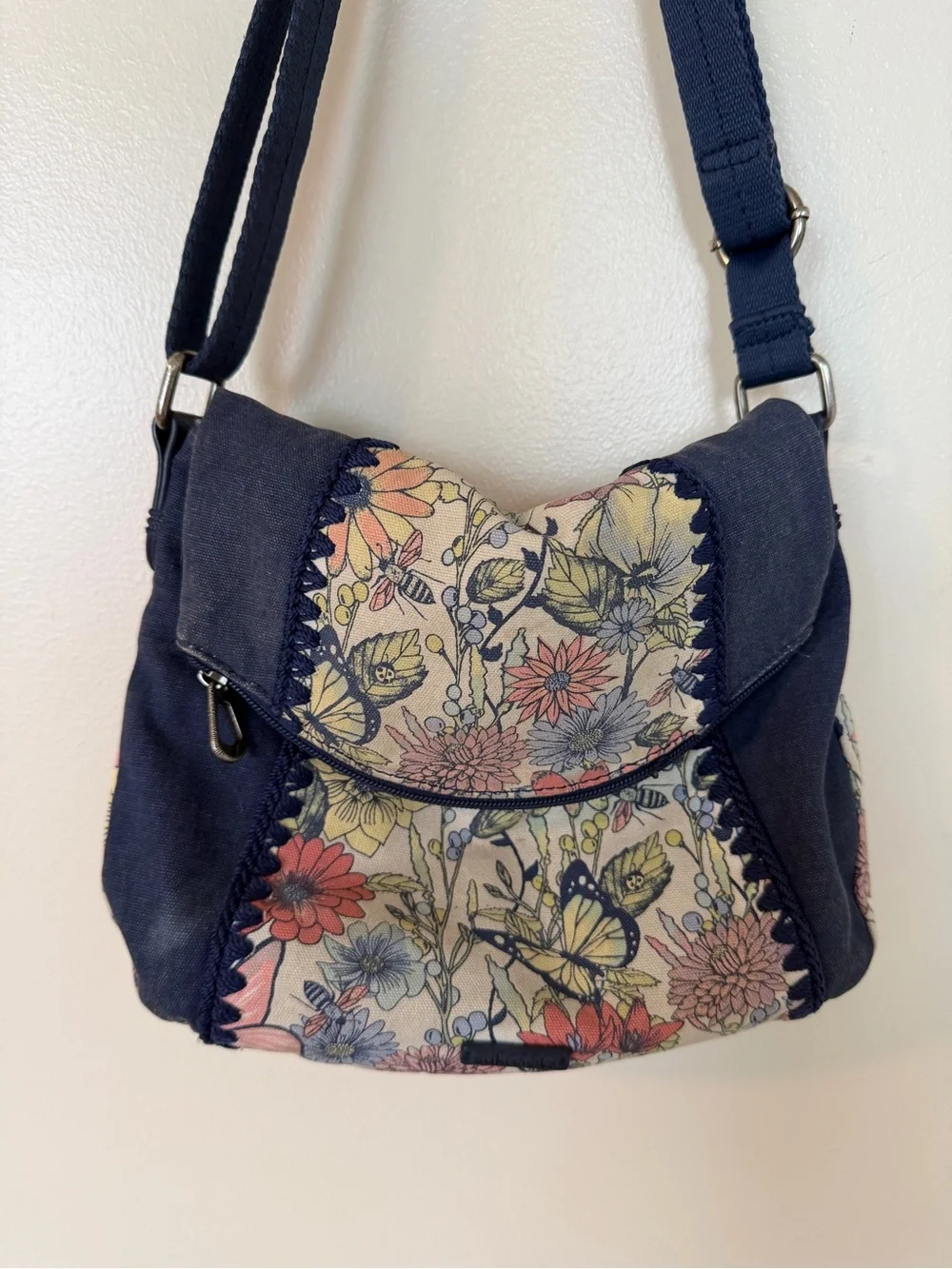 SAKROOTS Navy & Wildflower Butterfly Print Adjustable Crossbody Hobo Bag